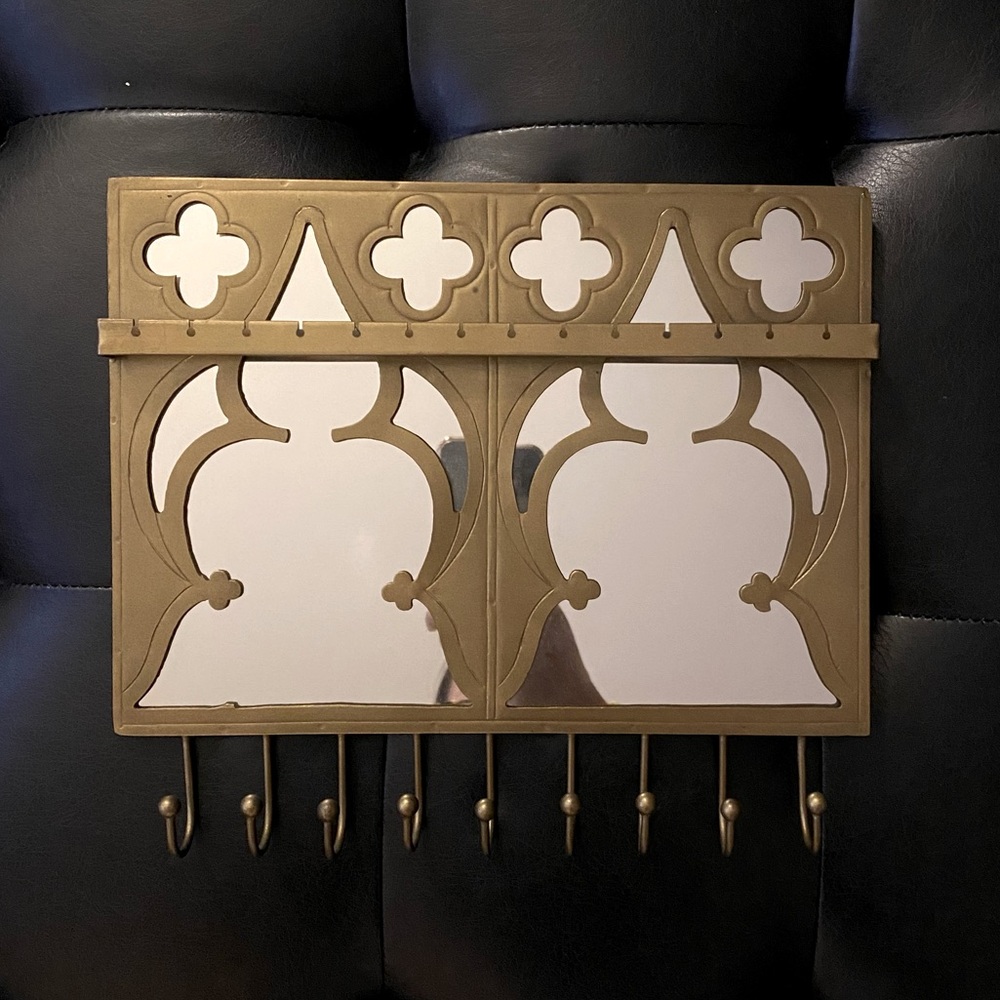 Gothic Brass Decorative Wall Mirror + Jewelry Organizer